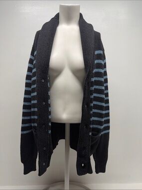 J Crew Wallace & Barnes Cardigan Sweater Cable Knit Collar Striped Black Medium